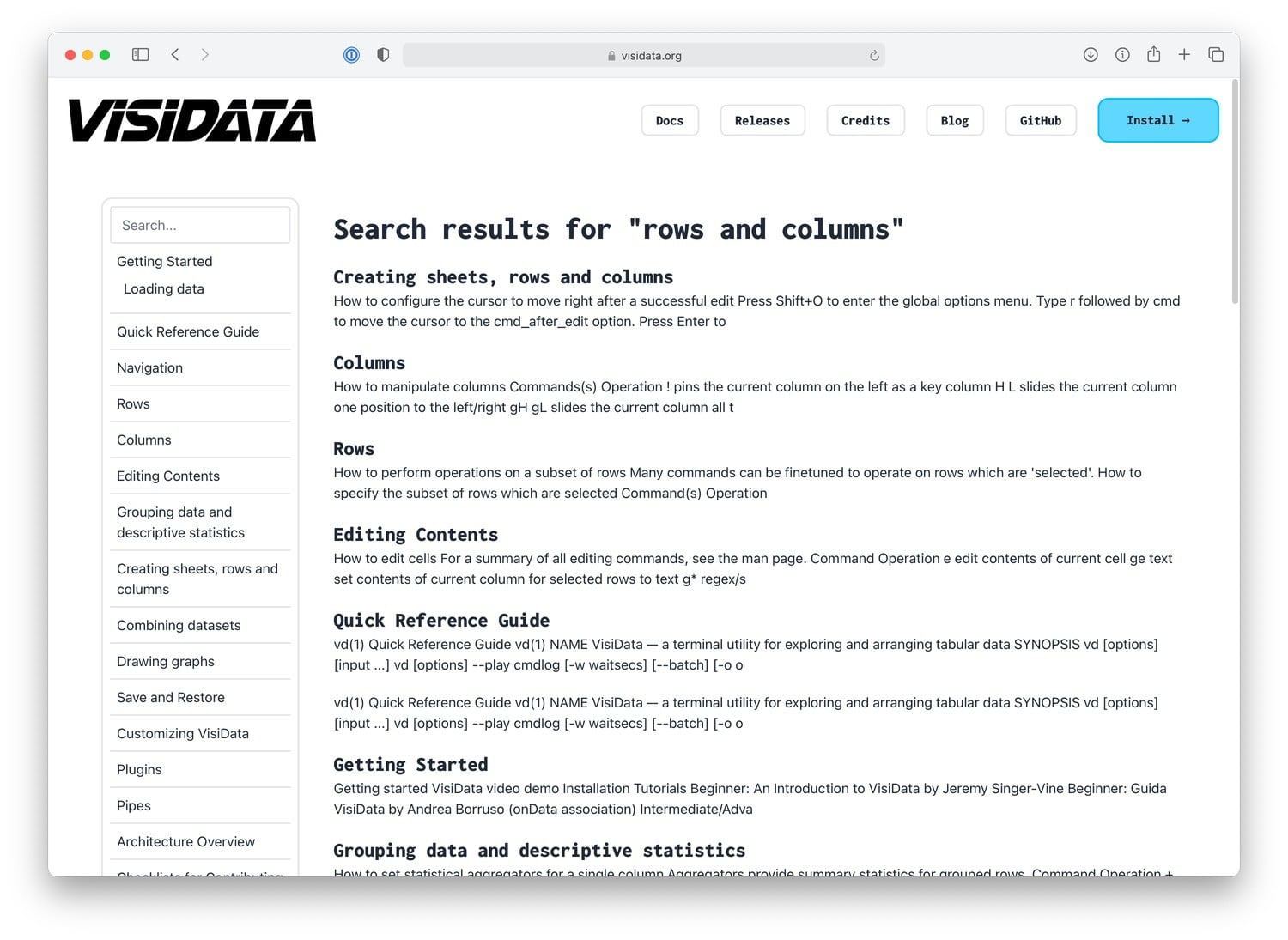 VisiData documentation search